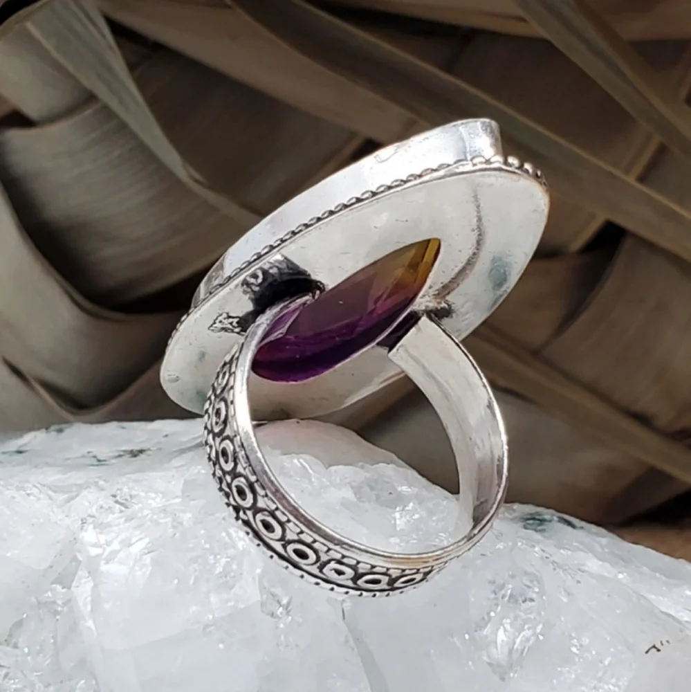 LARGE AMETRIN STONE  Rhodium/925 Silver Bohemian Ring Artisan Vintage Jewelry